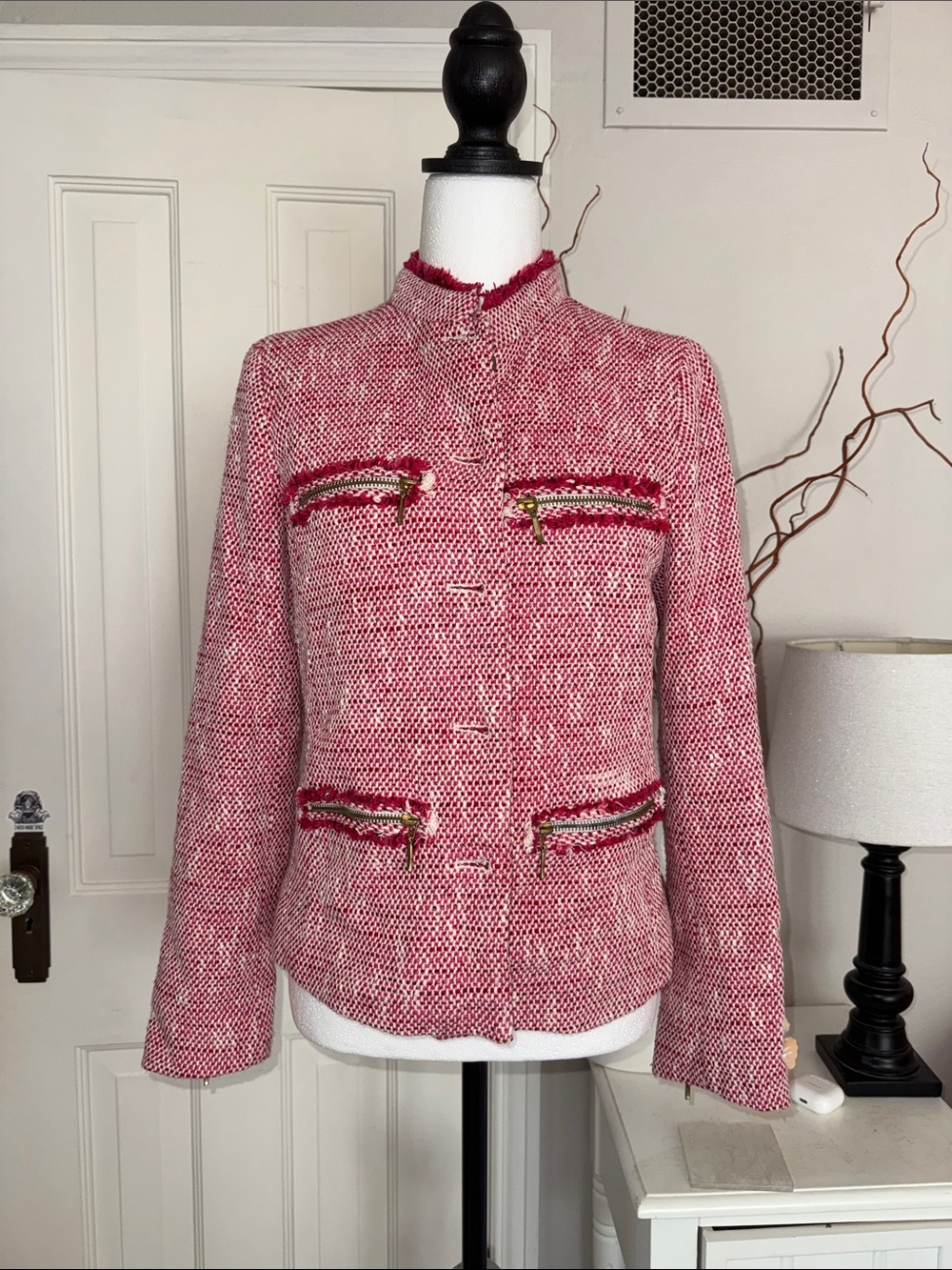 Zara Red-Pink Tweed Fringed Collar Blazer